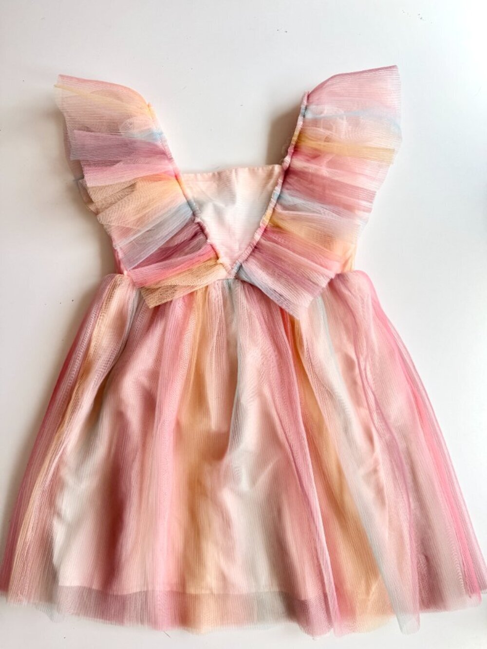 NWT Girls' H&M Pink Orange Rainbow Pleated Tulle V-Neck Babydoll Dress, Size 10